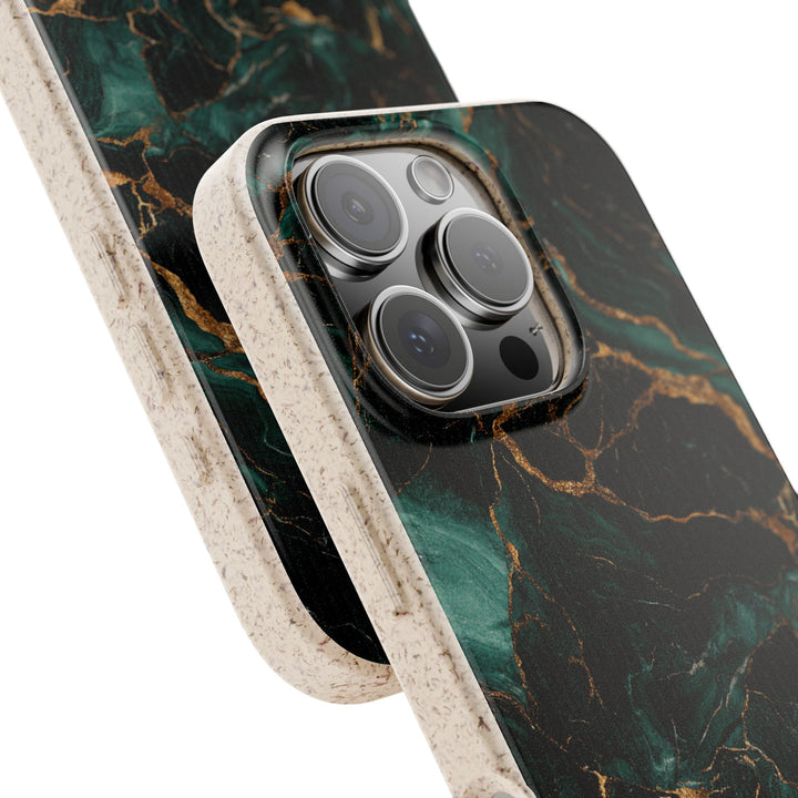 Eco-friendly Lux Green Marble Phone Case with vibrant colors, durable PLA, and bamboo binder fits iPhone and Samsung models.