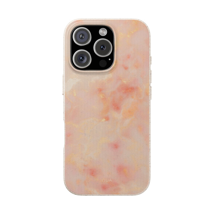 Eco-friendly biodegradable phone case with a stylish marble design, compatible with many iPhone and Samsung models, durable and chic.