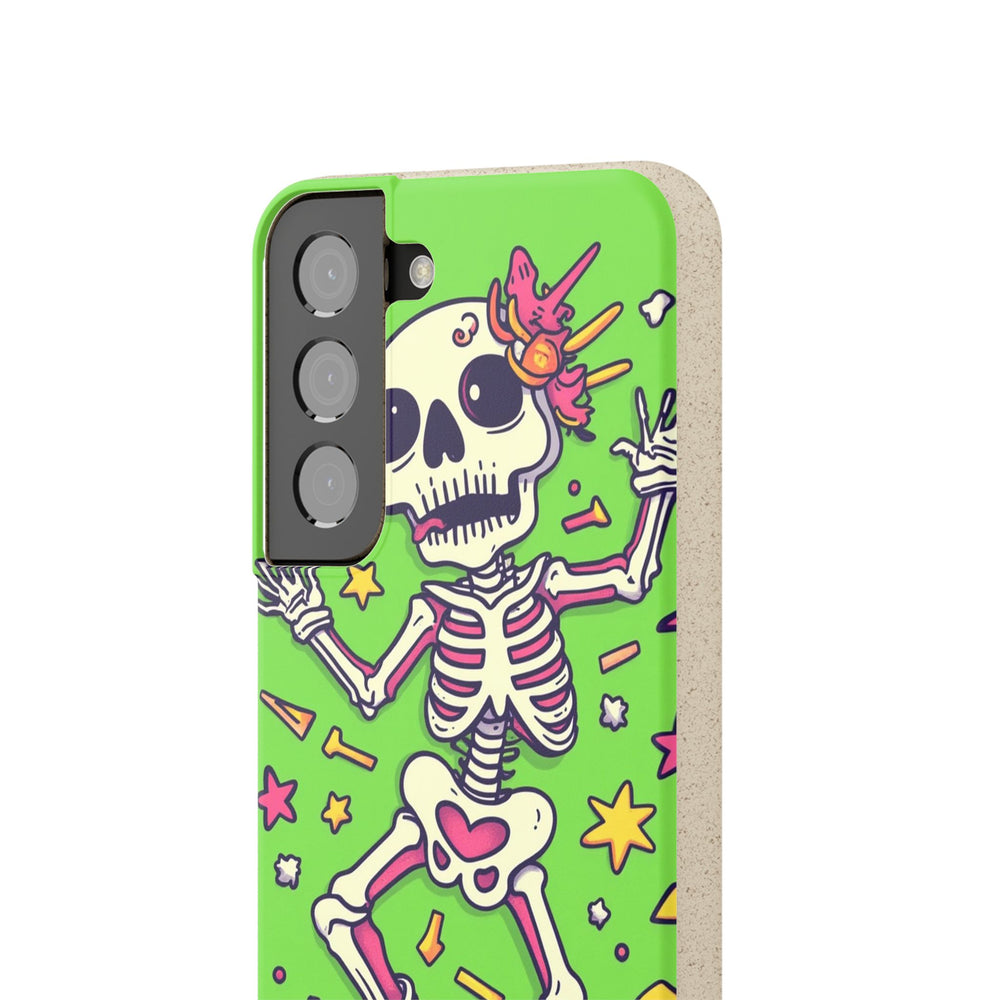 Eco-friendly Samsung phone case with vibrant skeleton design, durable and stylish for many iPhone and Samsung models.