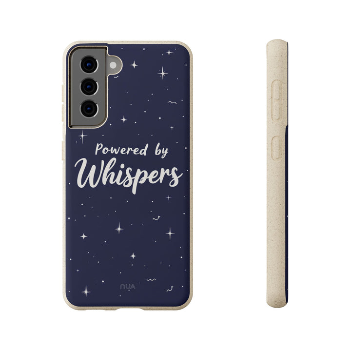 Eco-friendly Samsung phone case "Powered by Whispers" in starry design, fits many models, combining style and sustainability.