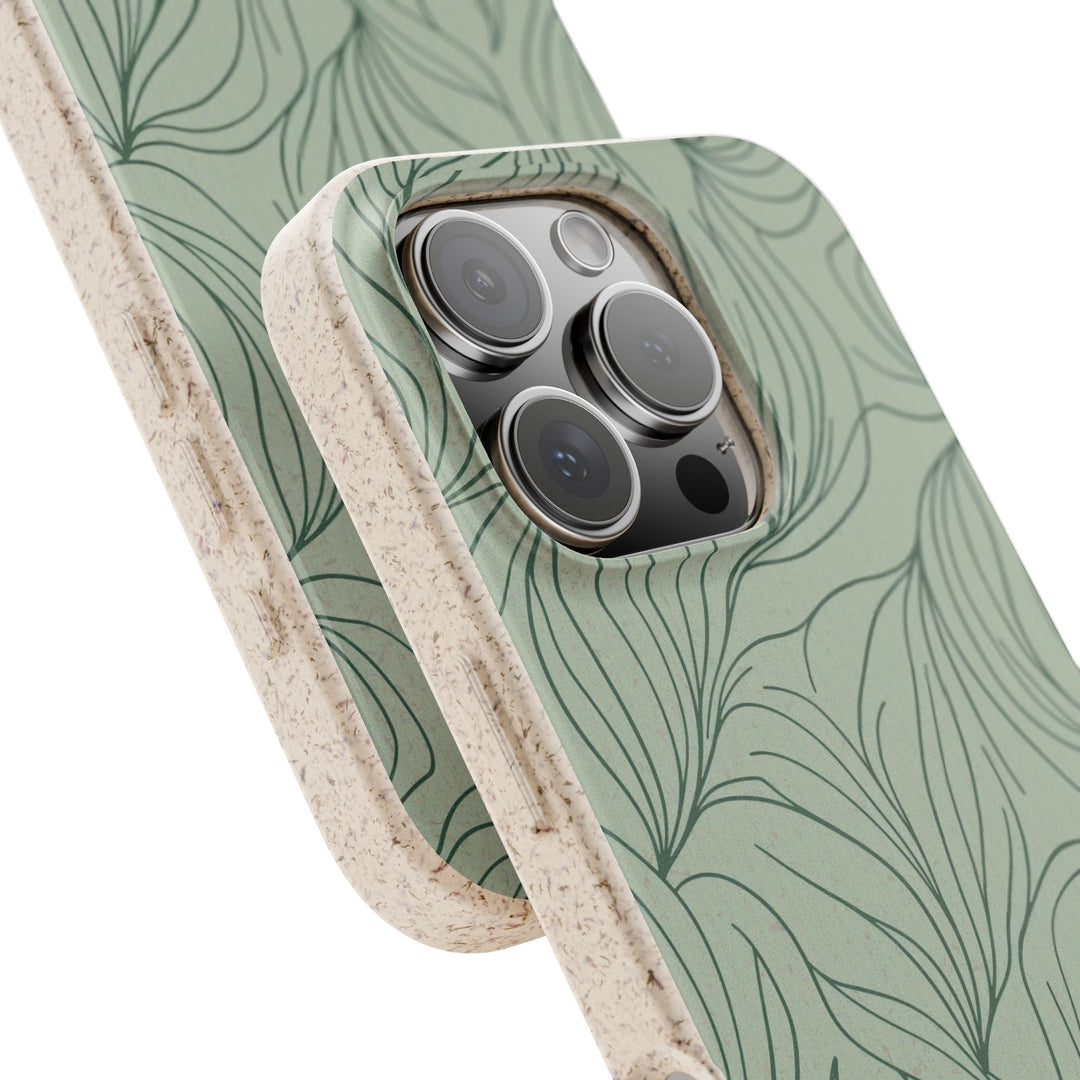 Eco-friendly Verdant Flow leaf design phone case, compatible with iPhone and Samsung models, showcasing durability and style.