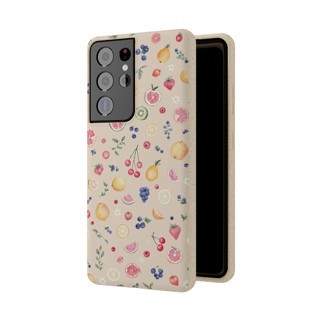 Eco-friendly Samsung case with vibrant fruit garden design, made from PLA plant polymer and bamboo fibre, perfect for summer.