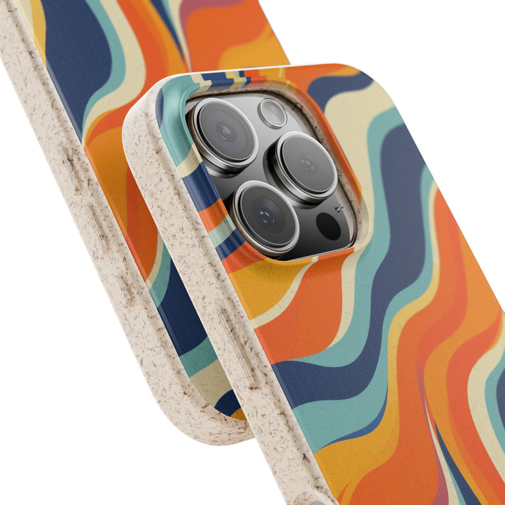 Retro Waves eco-friendly biodegradable phone case with vibrant wavy design, durable protection for many iPhone and Samsung models.