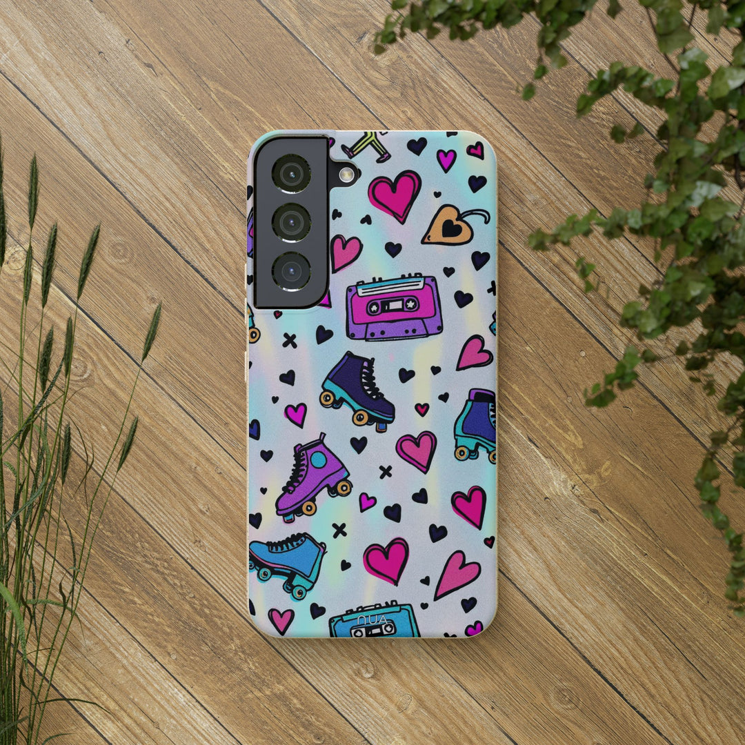 Eco-friendly Samsung case with retro roller skate and cassette design, vibrant colors, durable, fits many Samsung and iPhone models.