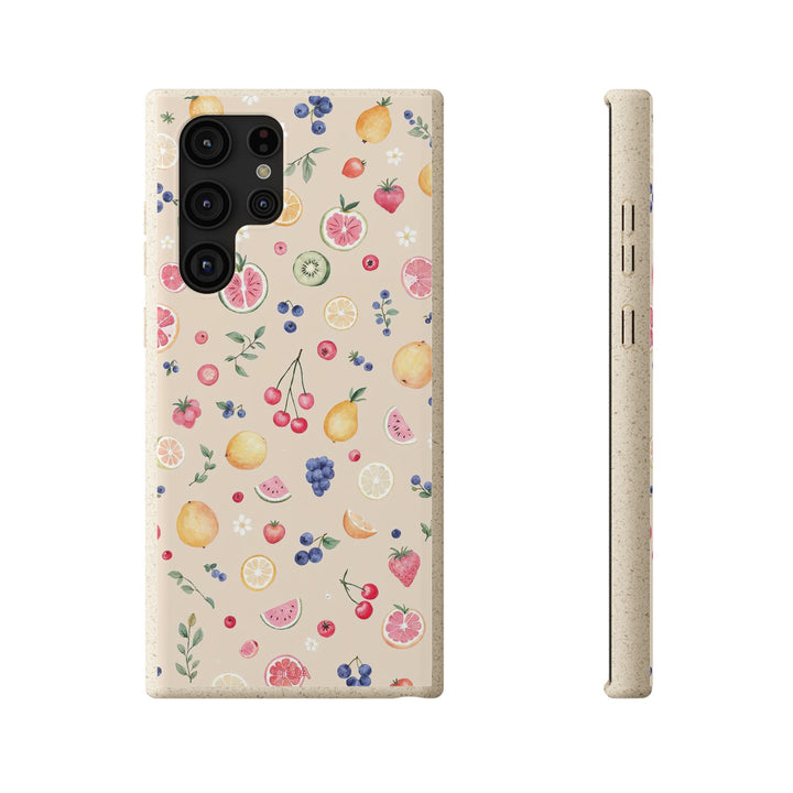 Eco-friendly Samsung case with vibrant fruit garden design, made of PLA plant polymer and bamboo fibre, perfect for summer.