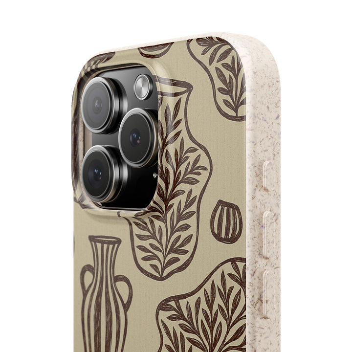 Eco-friendly iPhone cover with rustic line art design, biodegradable, durable for many iPhone and Samsung models.
