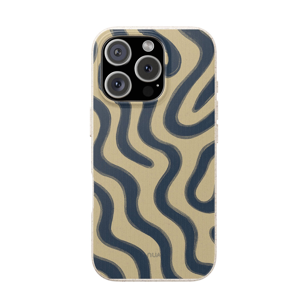 Wavy Lux eco-friendly phone case with blue wave design, fits iPhone and Samsung models, durable and stylish for unique personalities.
