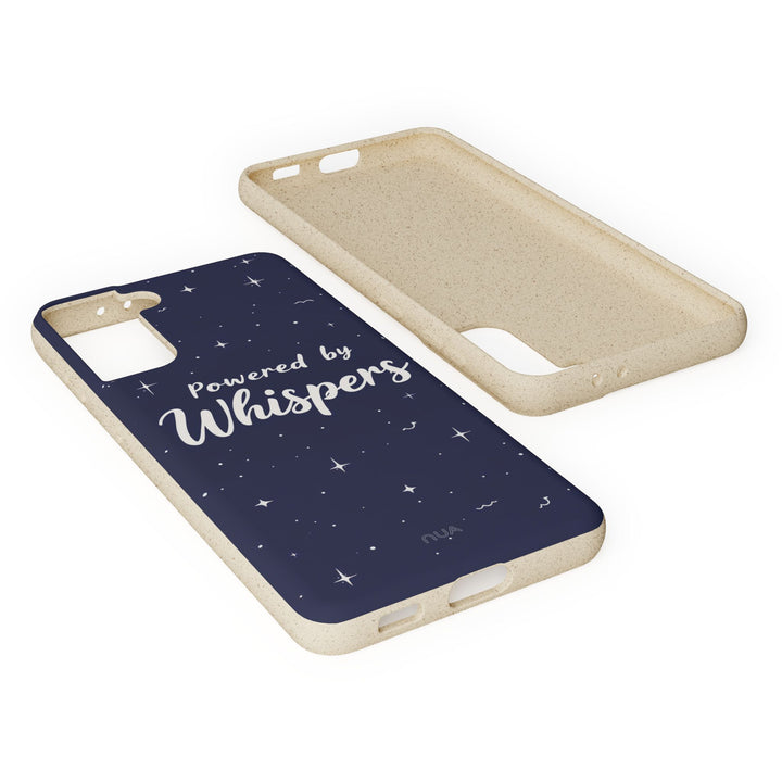 Eco-friendly Samsung case "Powered by Whispers" with durable, biodegradable design for various iPhone and Samsung models.