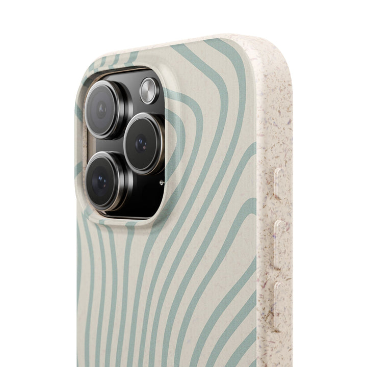 Eco-friendly iPhone case with seafoam and cream wavy design, reminiscent of beach dunes. Fits many iPhone and Samsung models.