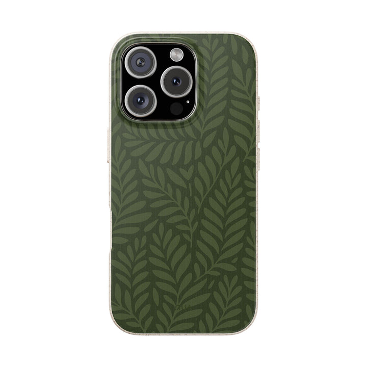 Deep Forest Whisper eco-friendly iPhone case with leaf design, durable, fits many iPhone and Samsung models.