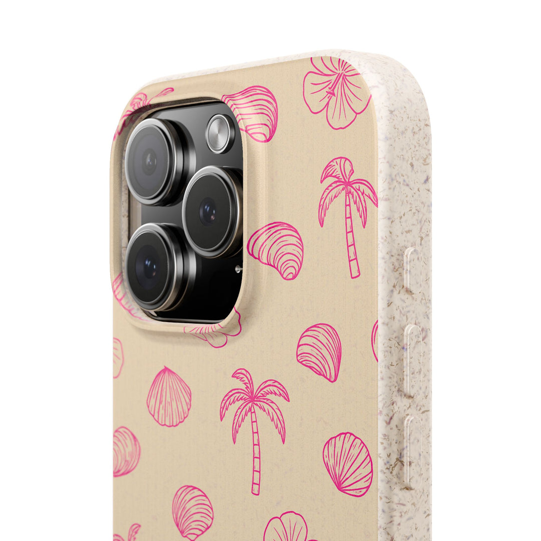Eco-friendly biodegradable iPhone case with tropical pink palm design, durable protection for many iPhone and Samsung models.
