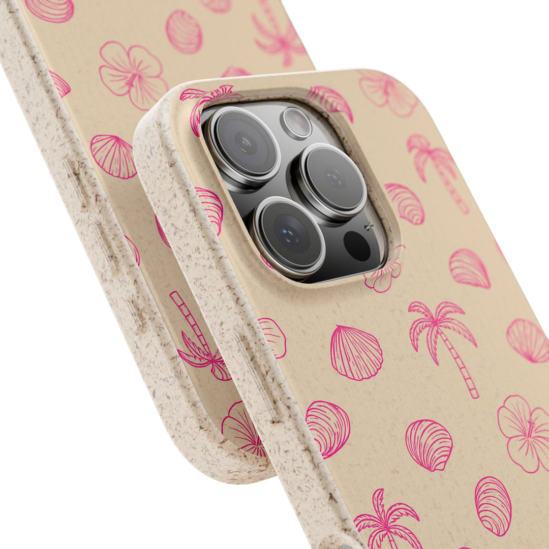 Eco-friendly biodegradable iPhone case with tropical design, durable, fits many iPhone & Samsung models, sustainable materials.