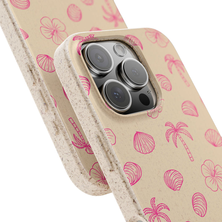Eco-friendly biodegradable iPhone case with tropical design, durable, fits many iPhone & Samsung models, sustainable materials.