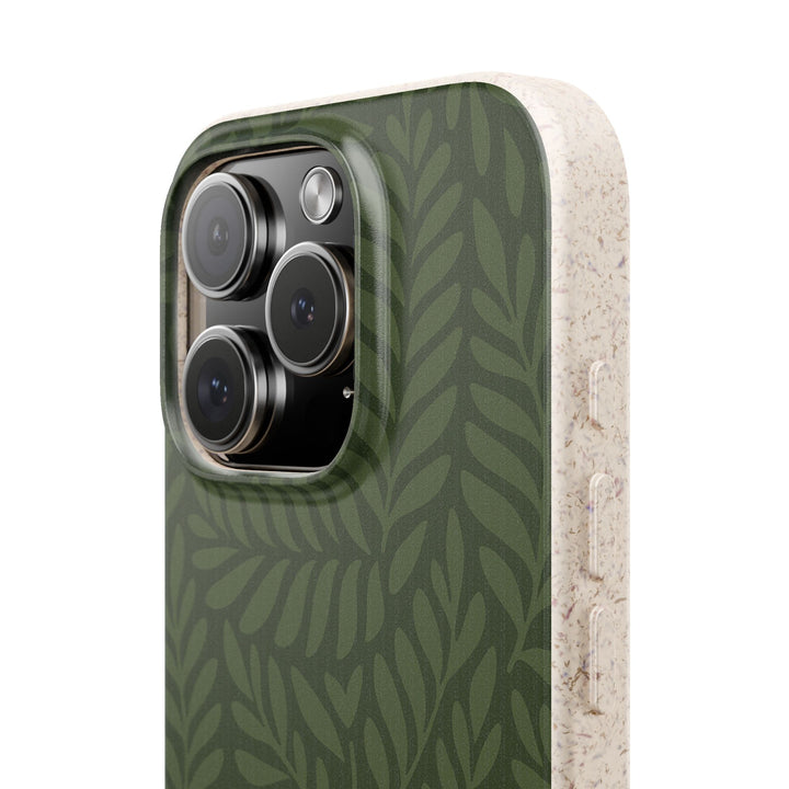 Eco-friendly Deep Forest Whisper iPhone Case with leaf pattern, durable protection, fits many iPhone and Samsung models.