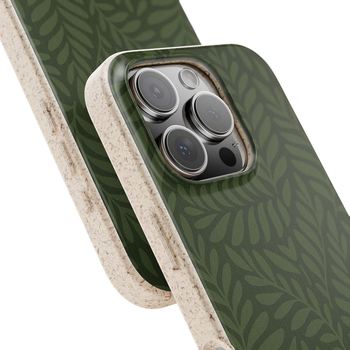 Eco-friendly Deep Forest Whisper iPhone case with green leaf design, durable, suits many iPhone and Samsung models.