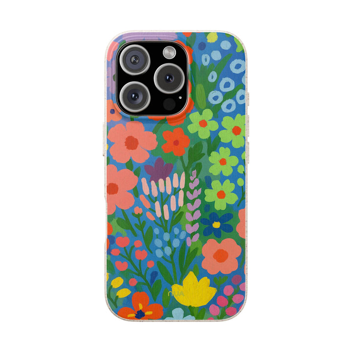 Eco-friendly floral iPhone case with vibrant colors, biodegradable, stylish, durable, fits many iPhone and Samsung models.