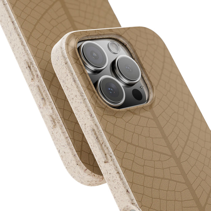 Eco-friendly iPhone case with nature-inspired leaf design, durable and biodegradable, fits many iPhone and Samsung models.