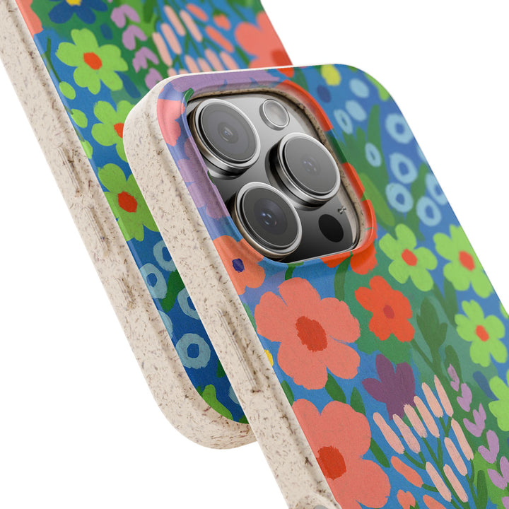 Eco-friendly iPhone case with vibrant floral design, durable and compatible with many iPhone and Samsung models.