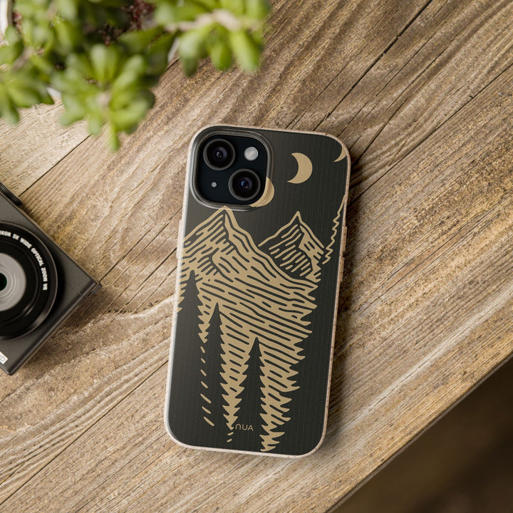 Eco-friendly retro iPhone case with Moonrise Pines design, featuring mountains and moon phases. Fits many iPhone and Samsung models.