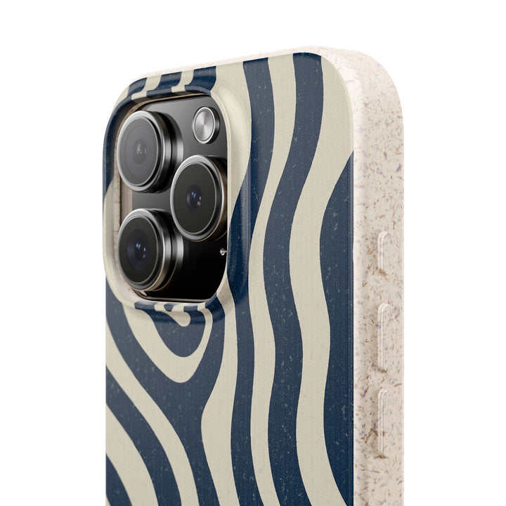 Eco-friendly navy cream abstract wave iPhone case, durable and stylish, fits many models. Perfect gift for eco-conscious individuals.