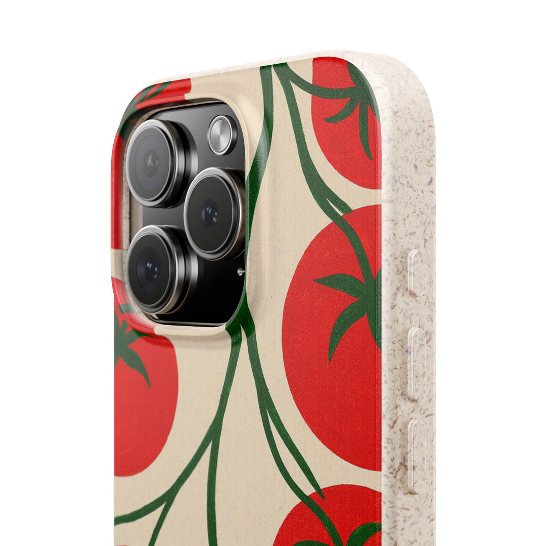 Eco-friendly iPhone case with vibrant red and green vine design, showcasing durable, stylish protection for many iPhone models.