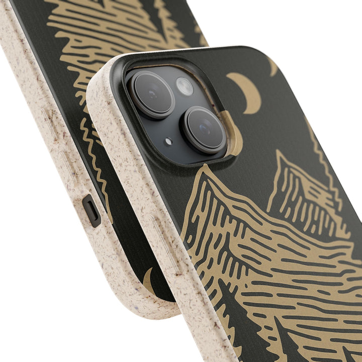 Eco-friendly Moonrise Pines iPhone case with retro mountain design, fits many iPhone models, durable and biodegradable.