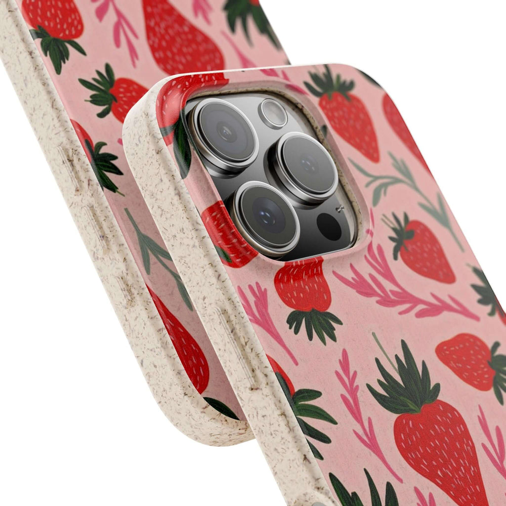 Eco-friendly strawberry iPhone case, biodegradable and stylish with vibrant design, made from PLA plant polymer and bamboo.