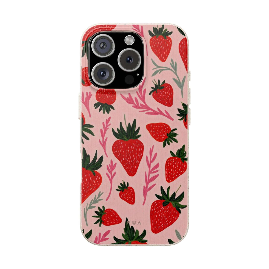 Eco-friendly strawberry iPhone case with a vibrant red fruit design, biodegradable, durable, and stylish.