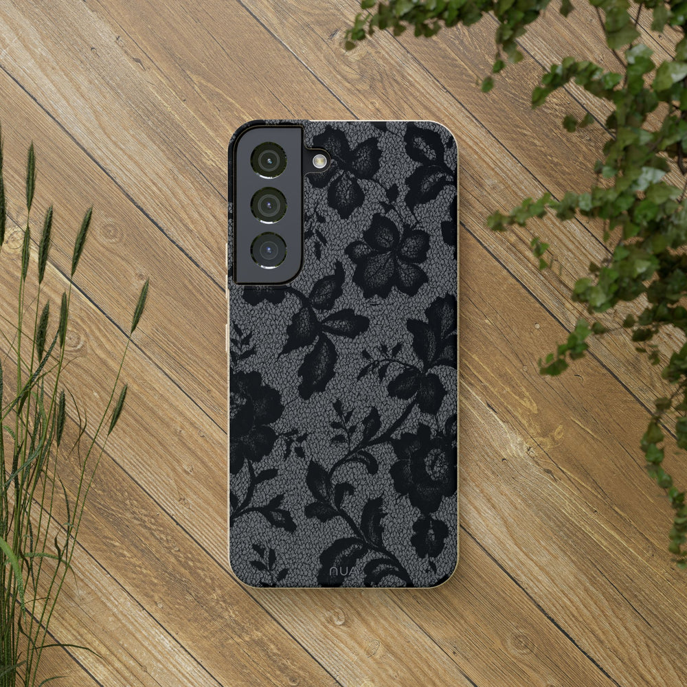 Eco-friendly floral black lace Samsung case on wood surface, featuring durable design and available for many models.