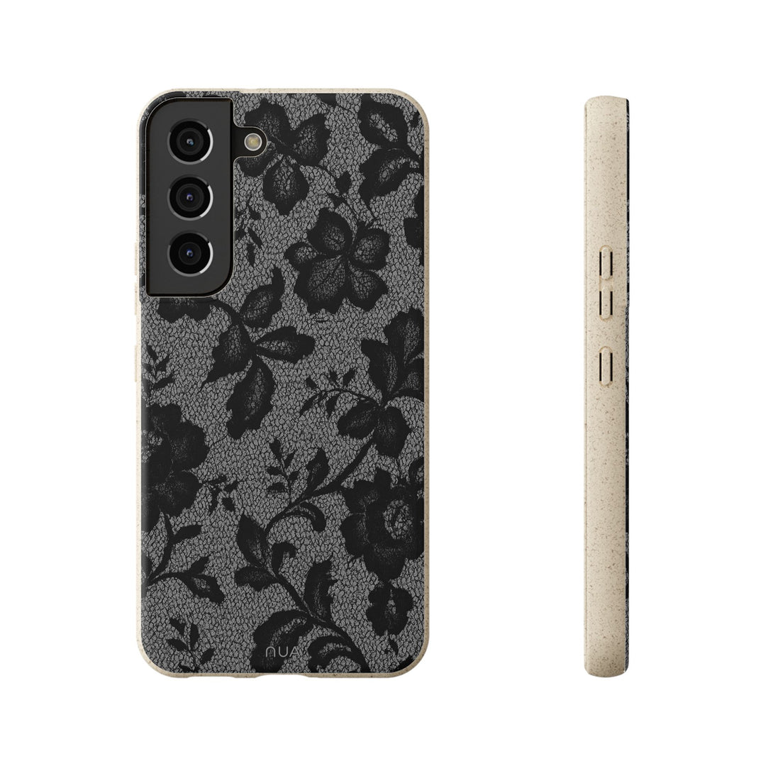 Eco-friendly black floral lace Samsung case, durable protection for many models, with sleek matte finish and vibrant design.