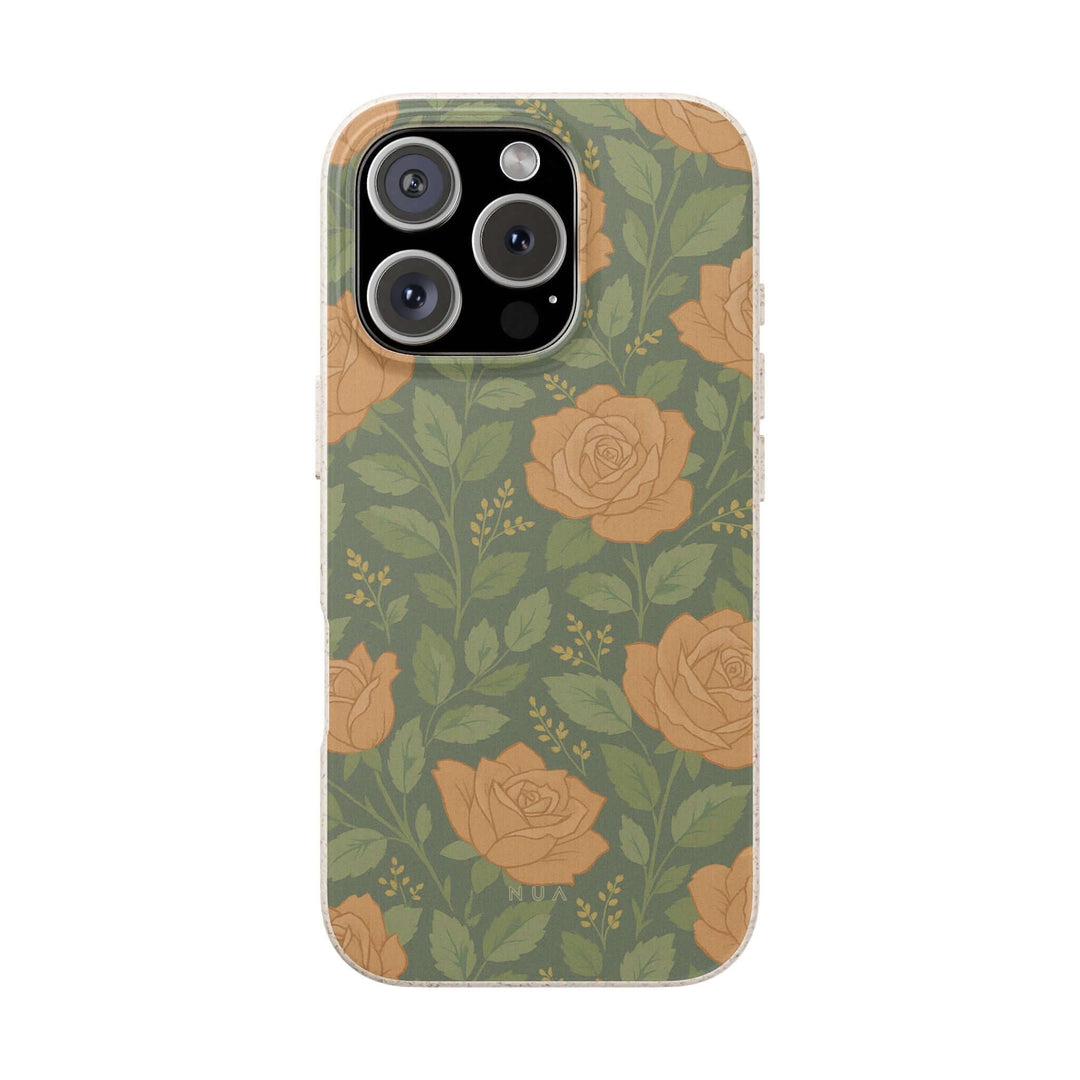 Eco-friendly stylish phone case with vintage rose design, golden garden theme, ideal for durability and elegance, perfect gift choice.