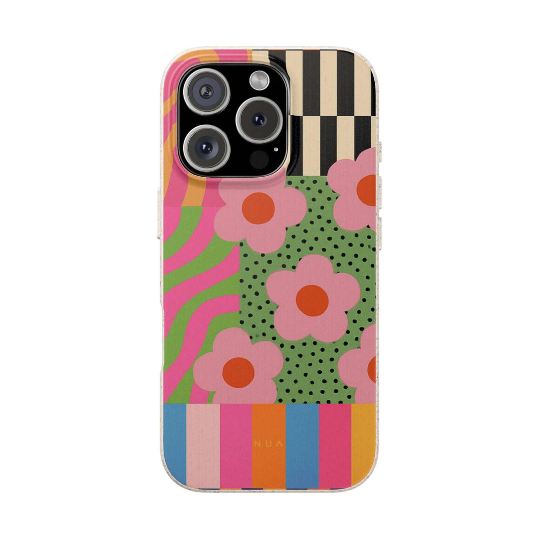 Groovy Garden Retro Patchwork iPhone Case with pink flowers and vibrant colors, eco-friendly and durable design.