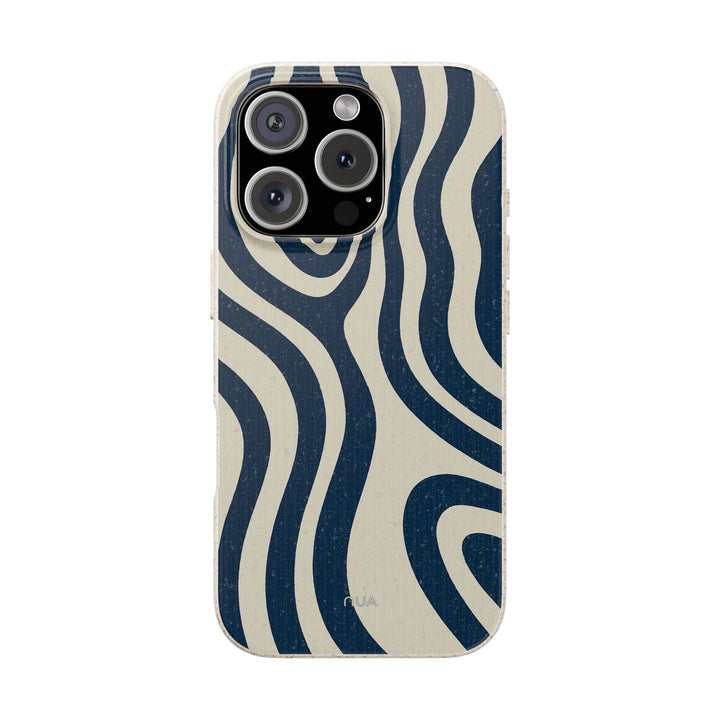 Midnight Drift biodegradable phone case with navy and cream abstract waves, eco-friendly for many iPhone and Samsung models.