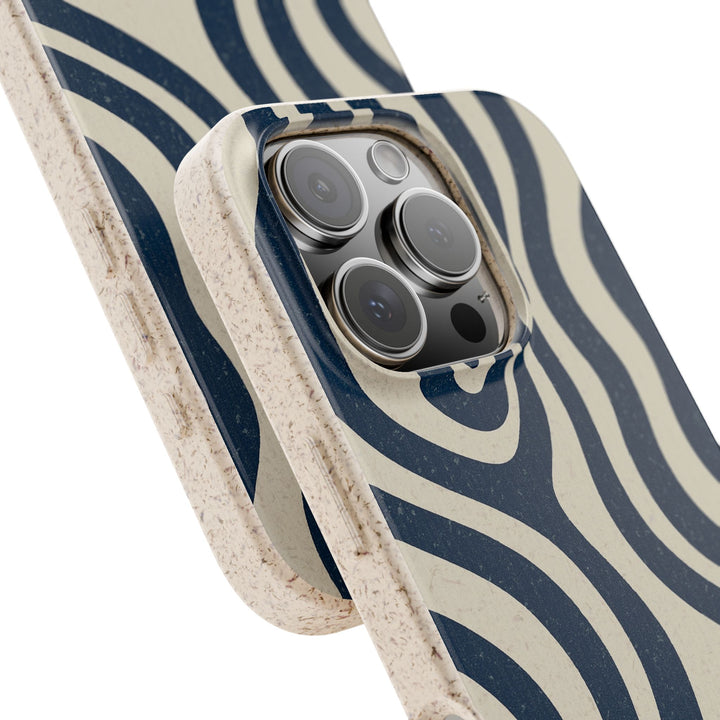 Midnight Drift biodegradable iPhone case with navy and cream abstract waves, eco-friendly, durable, fits many iPhone and Samsung models.