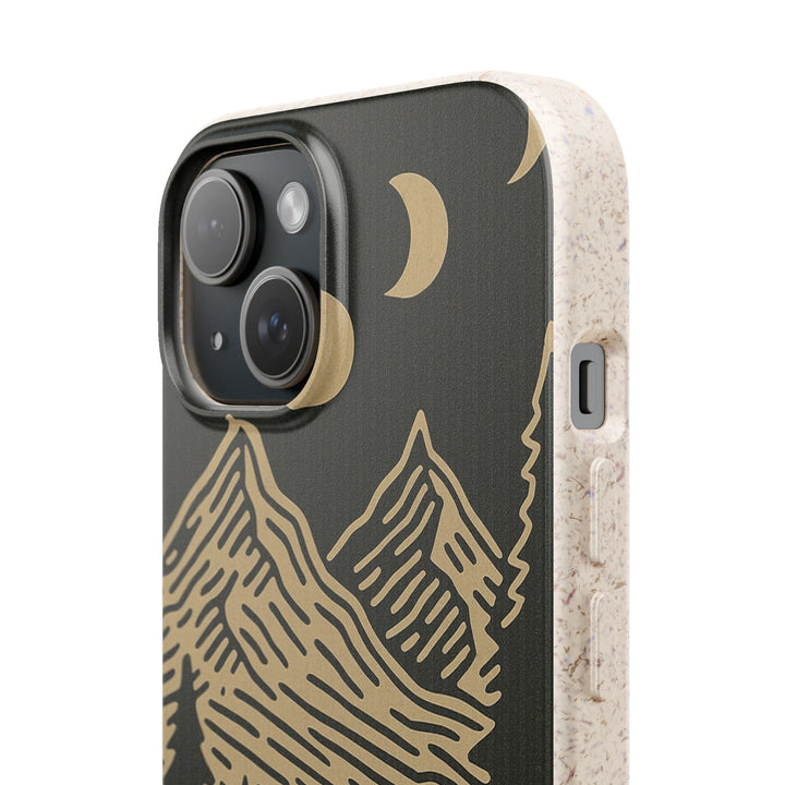 Eco-friendly retro mountain iPhone case with moon phases. Durable design fits many iPhone and Samsung models. Nature-inspired style.
