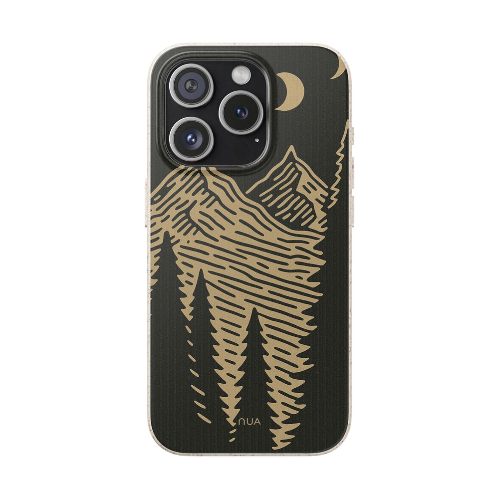 Retro mountain & moon iPhone case in eco-friendly PLA, with tan and charcoal forest design. Durable for many iPhone & Samsung models.