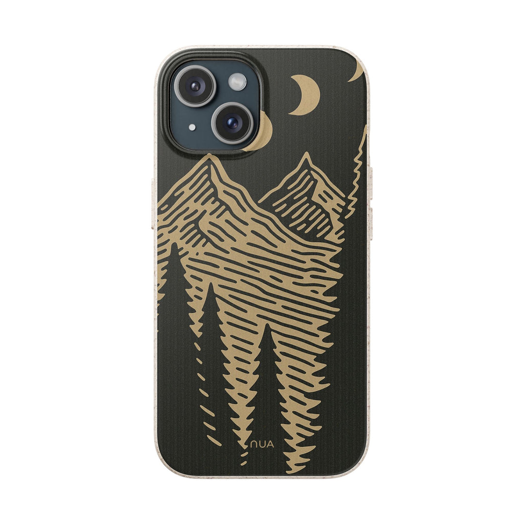 Eco-friendly iPhone case with vintage mountain and moon design in tan and charcoal. Fits many models. Durable and compostable.
