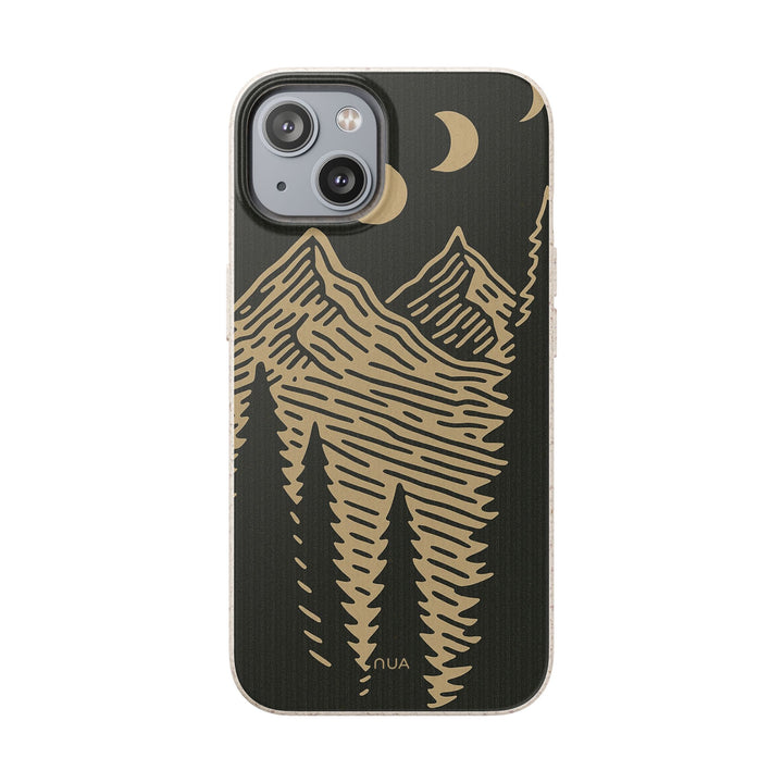 Moonrise Pines retro mountain phone case in tan and charcoal, eco-friendly for many iPhone and Samsung models.
