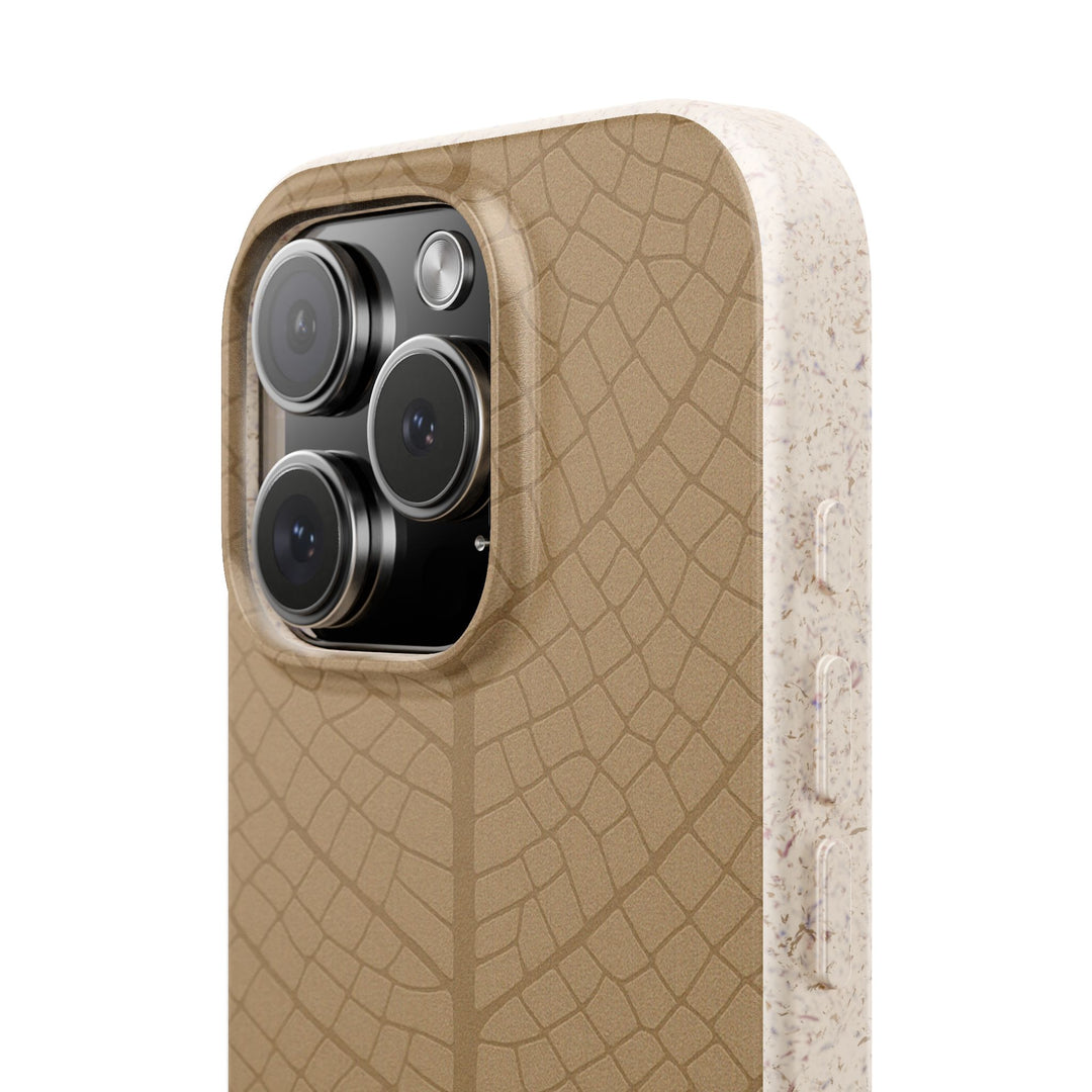 Eco-friendly iPhone case with nature-inspired design, showing camera cutout. Durable, lightweight, fits many iPhone and Samsung models.
