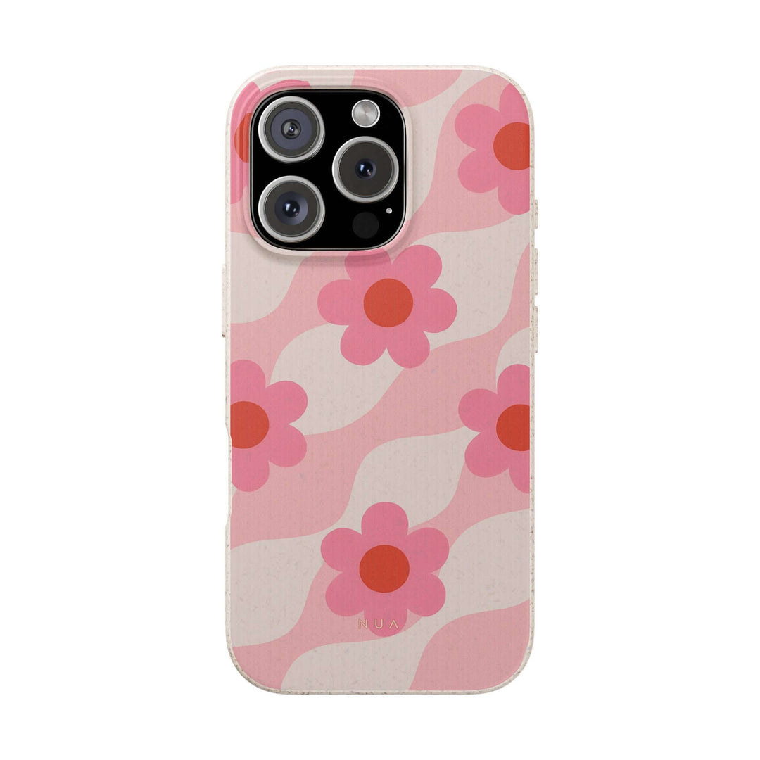 Pink Retro Floral Vibe Eco iPhone Case with durable, stylish design for eco-friendly individuals. Perfect for Earth Day and everyday use.