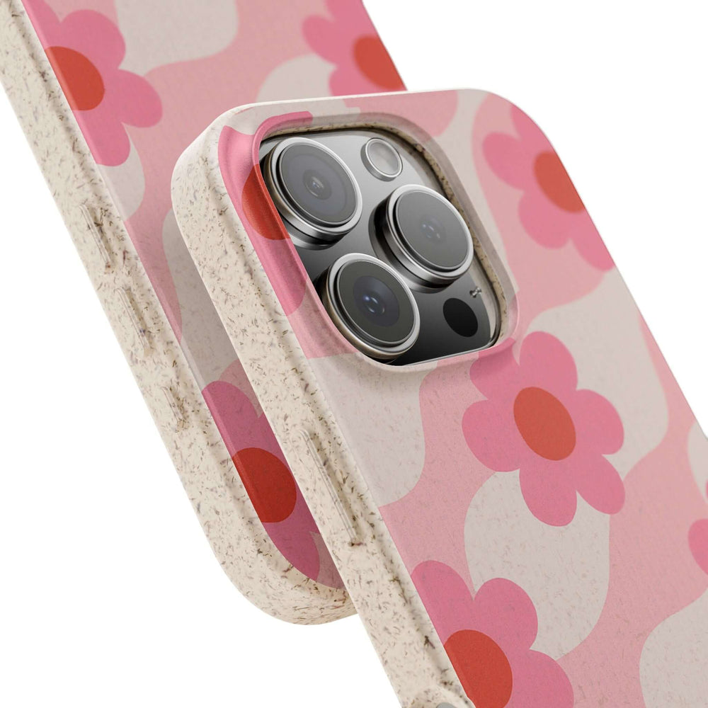 Pink Retro Floral Vibe Eco iPhone Case with durable, stylish, and eco-friendly design featuring vibrant pink and orange floral patterns.