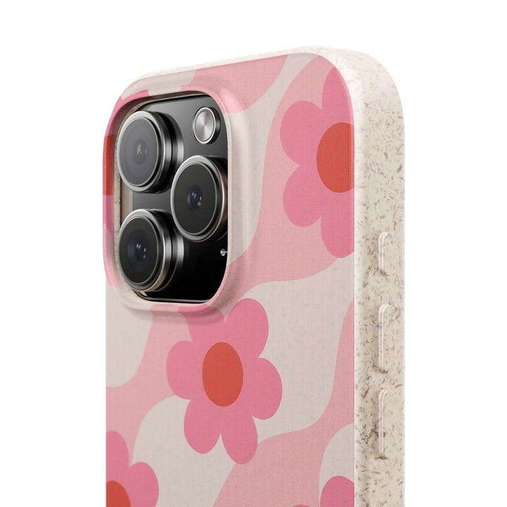 Pink Retro Floral Vibe Eco-friendly iPhone Case with stylish and durable design featuring vibrant retro pink floral patterns.