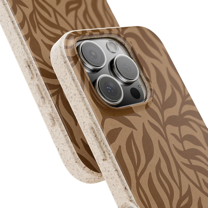 Eco-friendly iPhone case with rustic jungle design, biodegradable and durable, fits various iPhone and Samsung models.