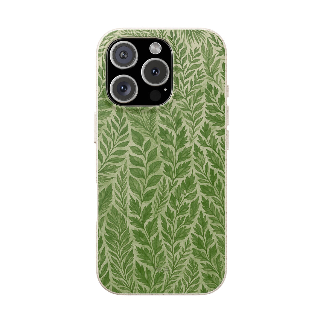 Verdant Wash iPhone case with eco-friendly leaf design, biodegradable, fits many iPhone and Samsung models, stylish durability.