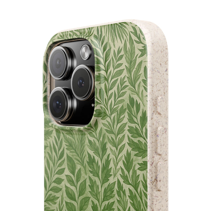 Eco-friendly iPhone case with green leaf design, made from biodegradable materials for durable protection. Fits many iPhone models.