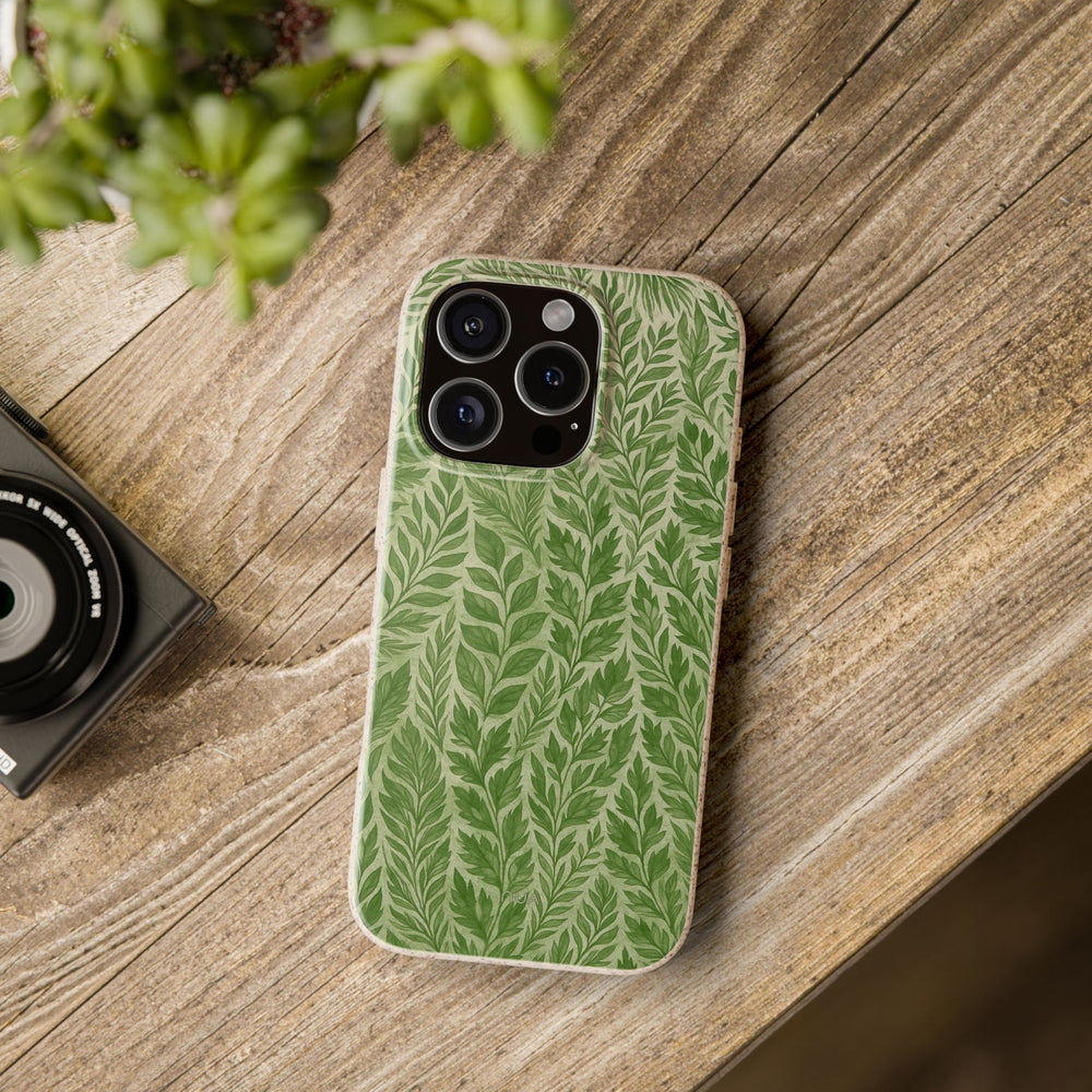 Eco-friendly iPhone case with leaf design, biodegradable, stylish and durable, fits many iPhone and Samsung models.
