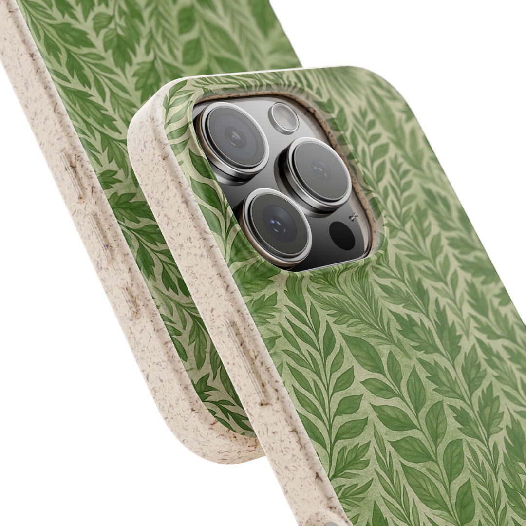 Eco-friendly iPhone case with green leafy design, showcasing durable, biodegradable protection for many iPhone and Samsung models.