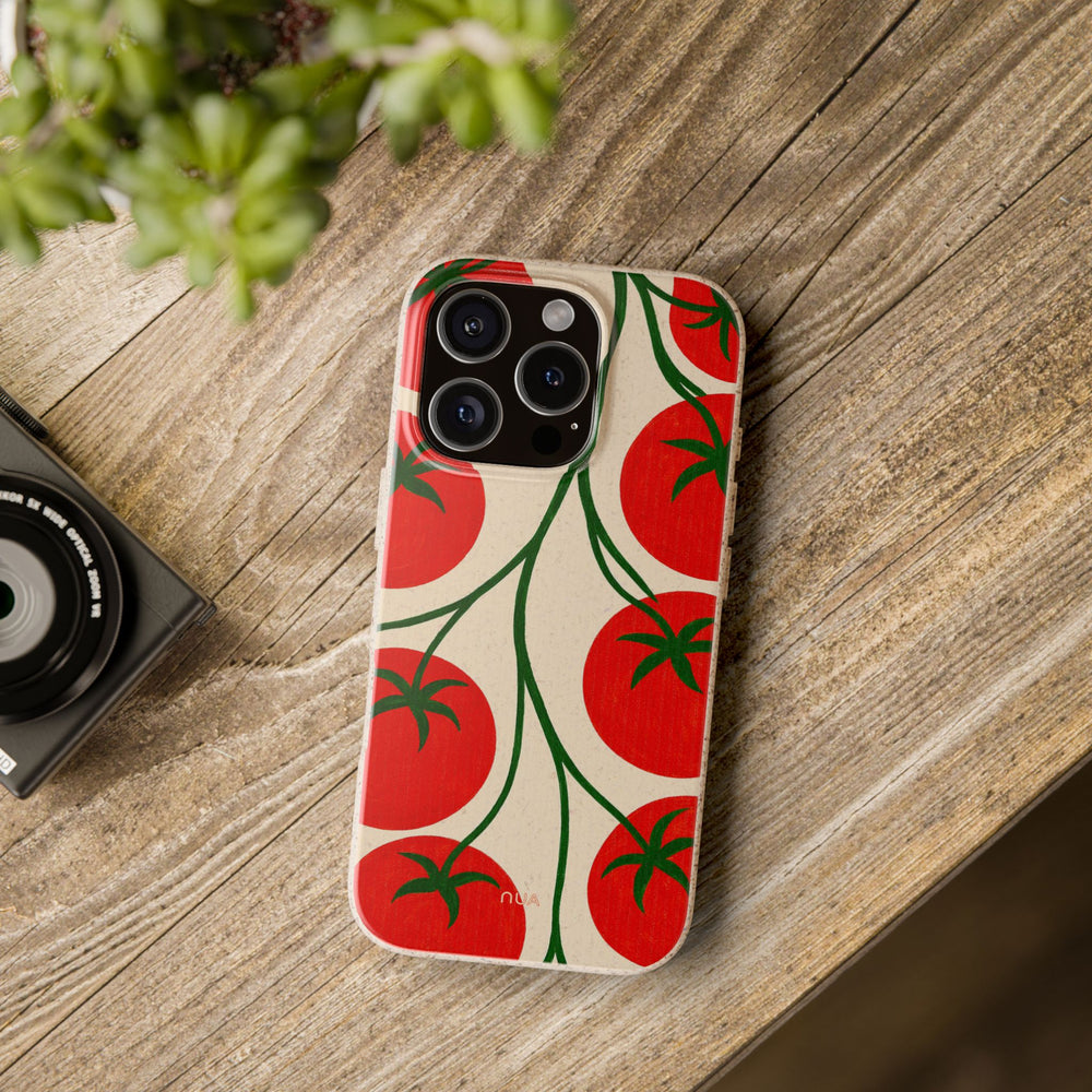 Eco-friendly iPhone case with vibrant tomato pattern, showcasing durable and stylish design, compatible with many models.