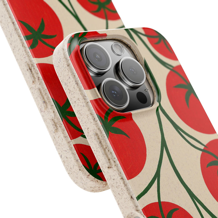 Eco-friendly iPhone case with vibrant red and green tomato design, durable and compatible with multiple iPhone and Samsung models.