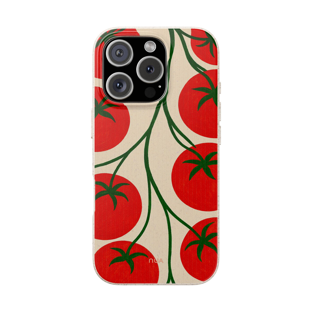 Eco-friendly iPhone case with vibrant tomato vine design, fits many models, durable and perfect for sustainable style lovers.